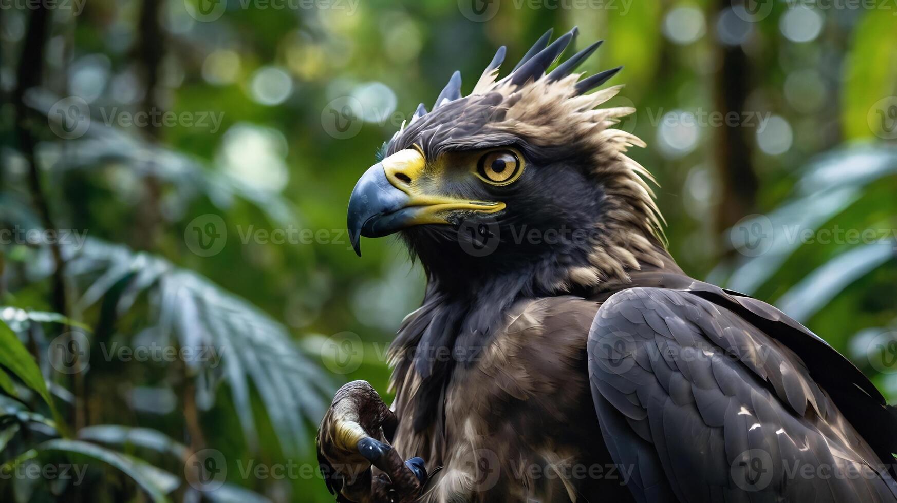 An eagle with yellow eyes and black feathers photo