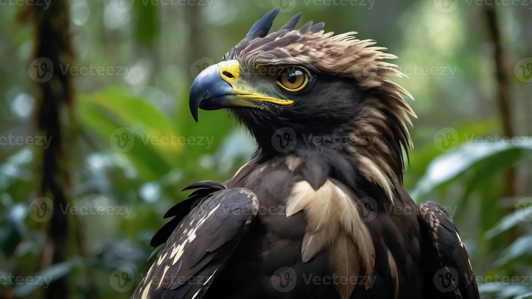 An eagle is standing in the middle of a forest photo