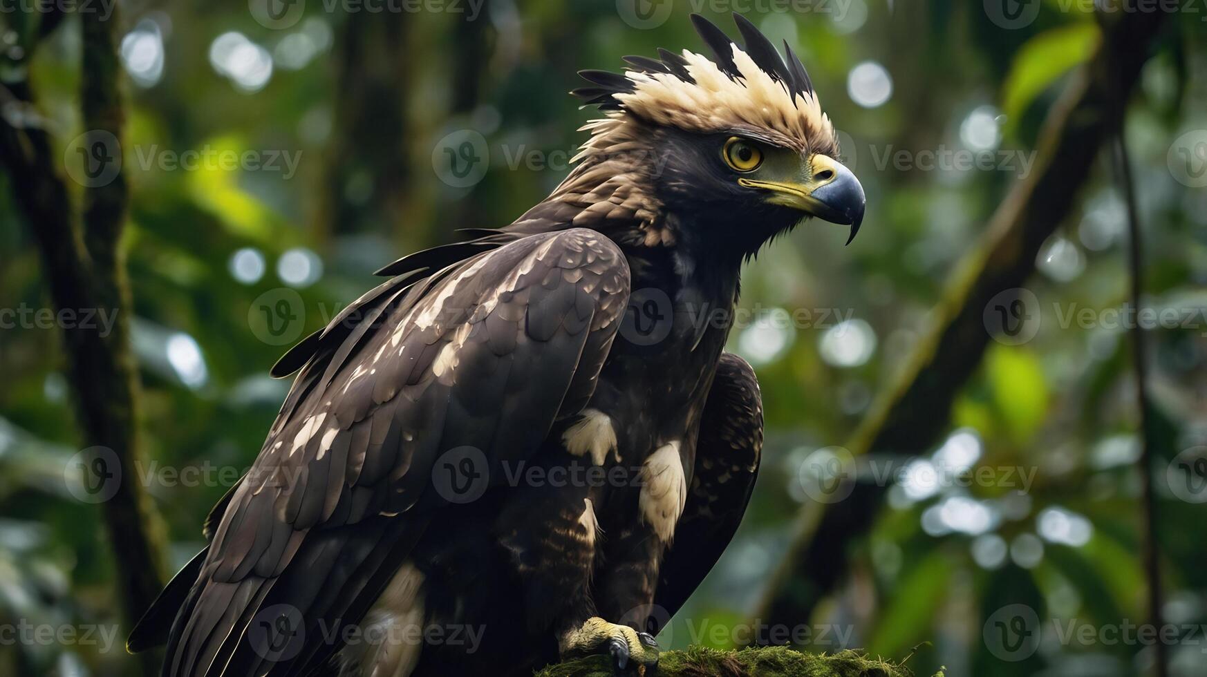 A large eagle with a yellow head and black feathers photo