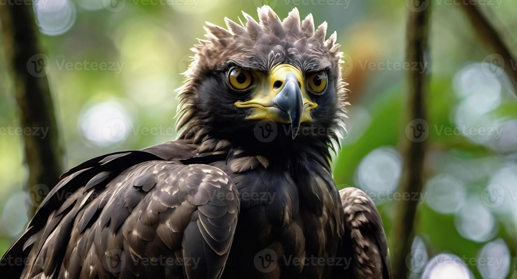 An eagle with a yellow beak and black feathers photo