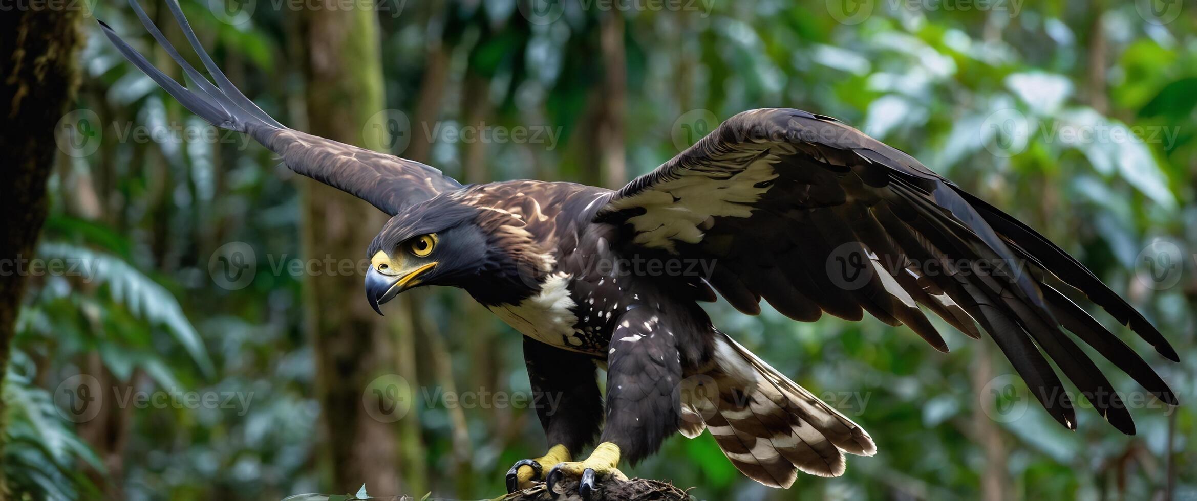 A hawk with its wings spread out in the forest photo