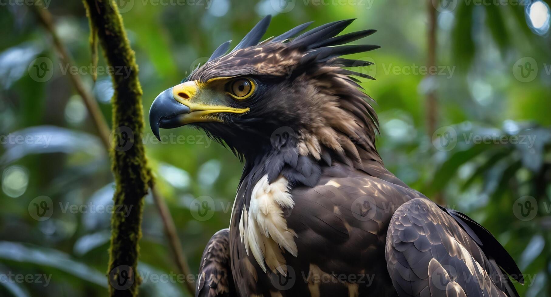 An eagle with a long beak and yellow eyes photo