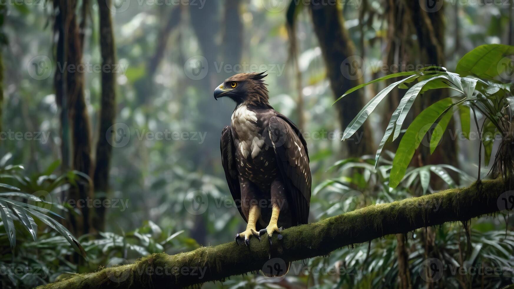 An eagle is perched on a branch in the jungle photo