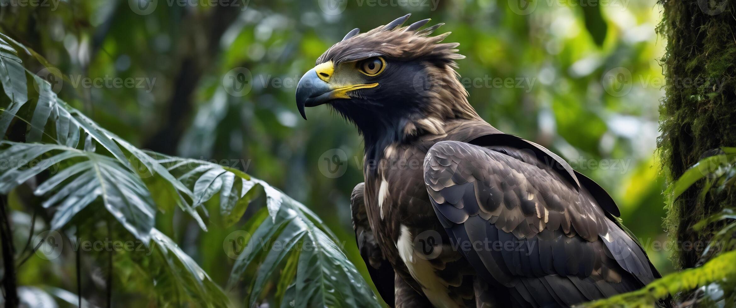 A large eagle perched on a branch in the jungle photo