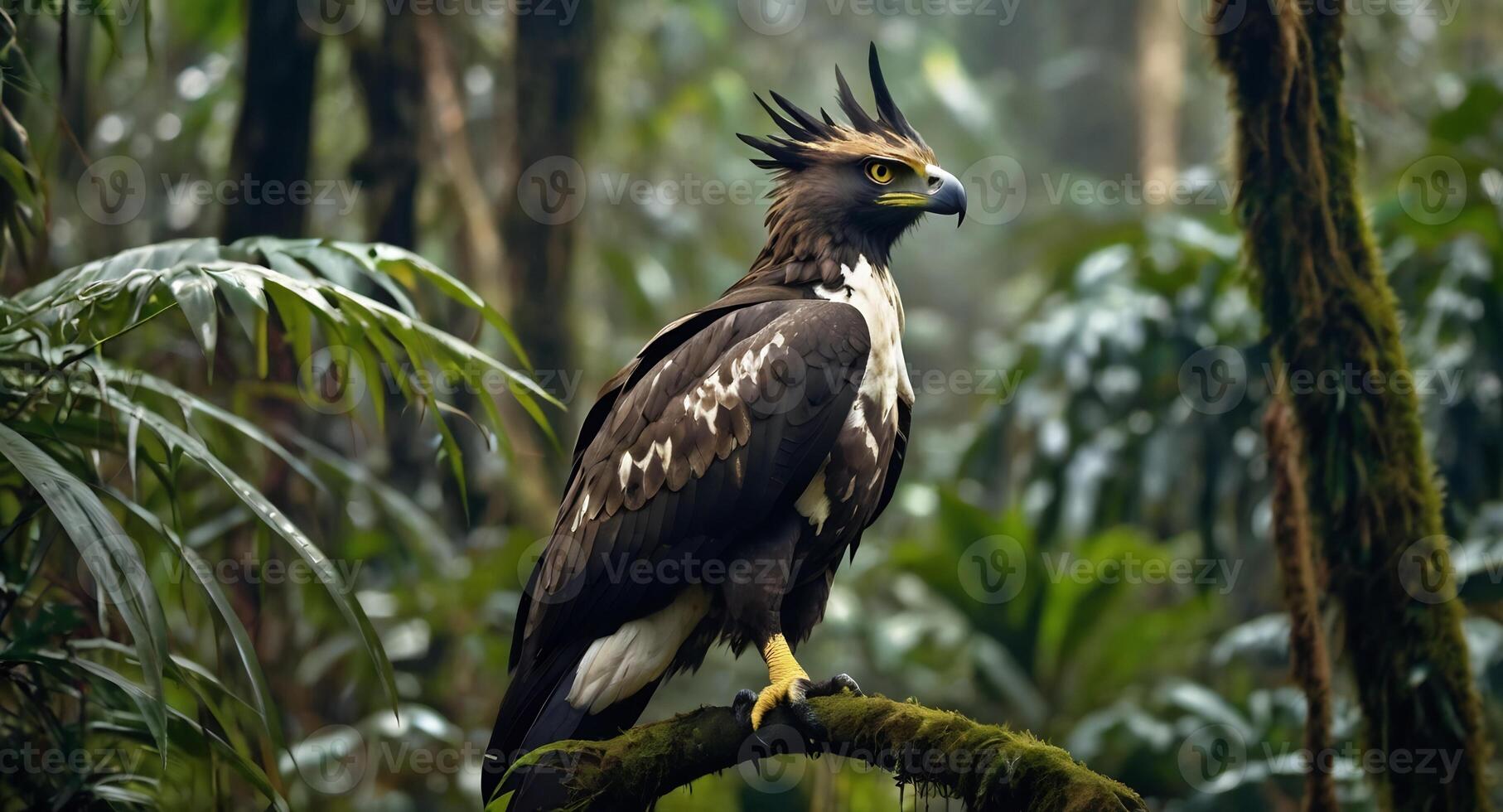 An eagle is perched on a branch in the jungle photo