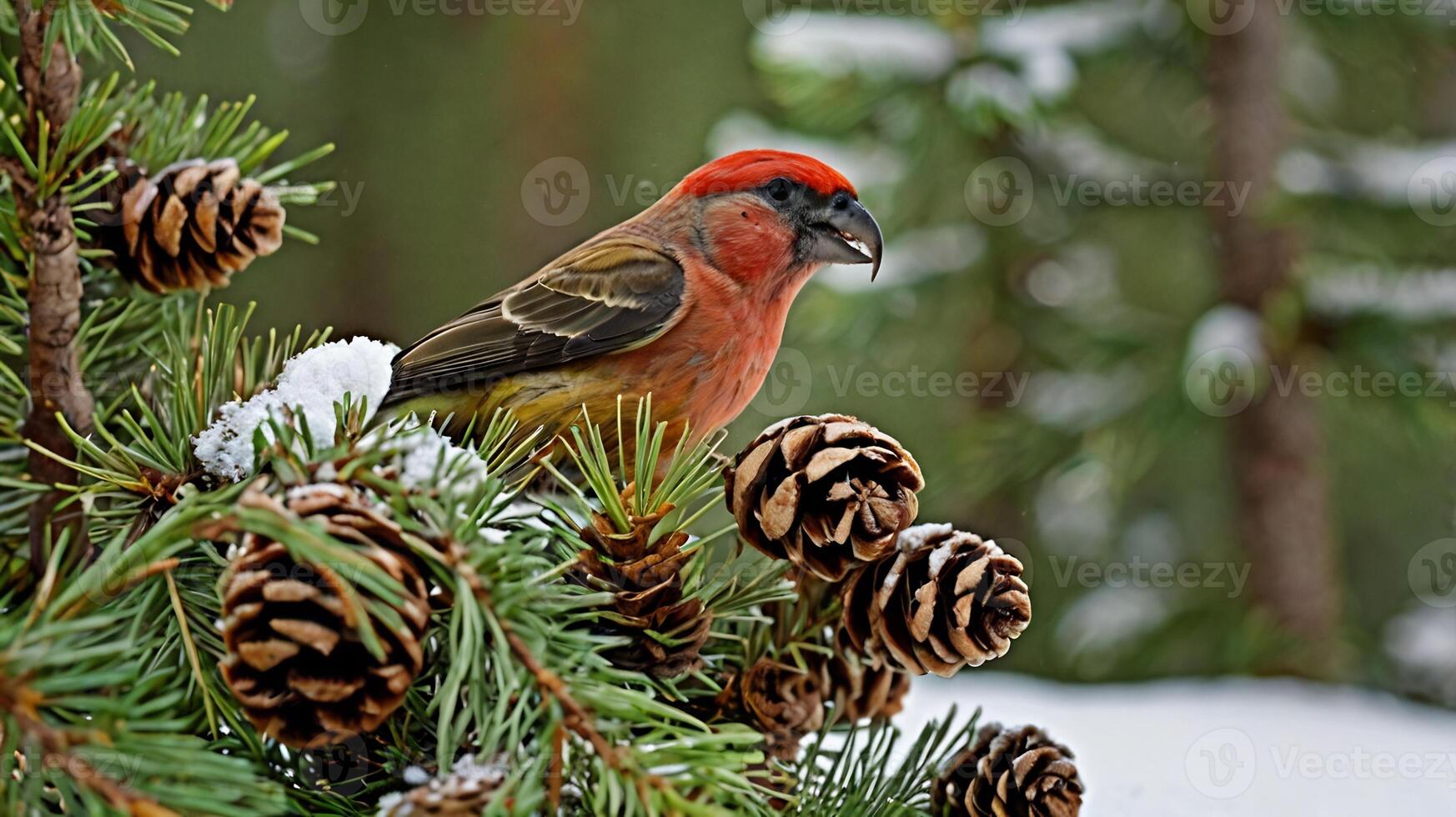 A red bird perched on top of a pine cone photo