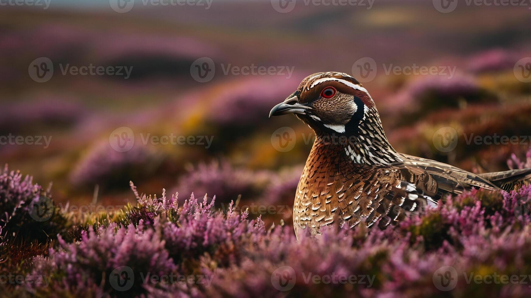A bird is sitting in the middle of a field of purple flowers photo