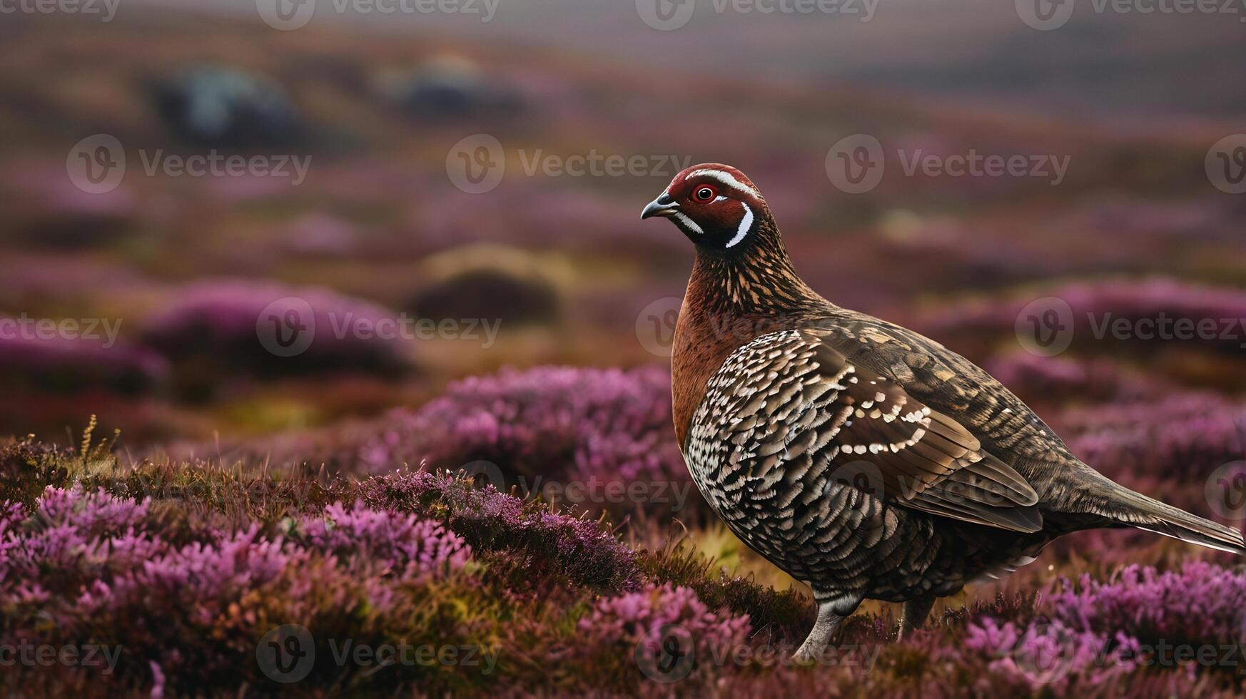 A pheasant is standing in a field of purple flowers photo