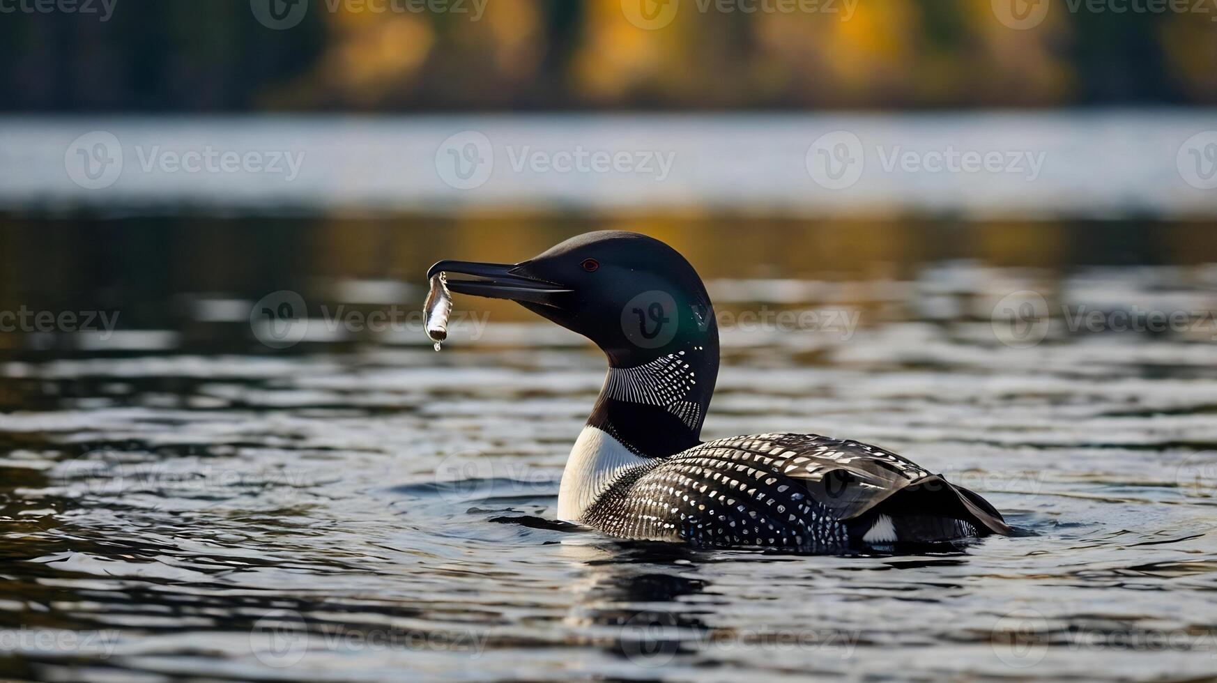 A loon swimming in the water with a fish in its mouth photo