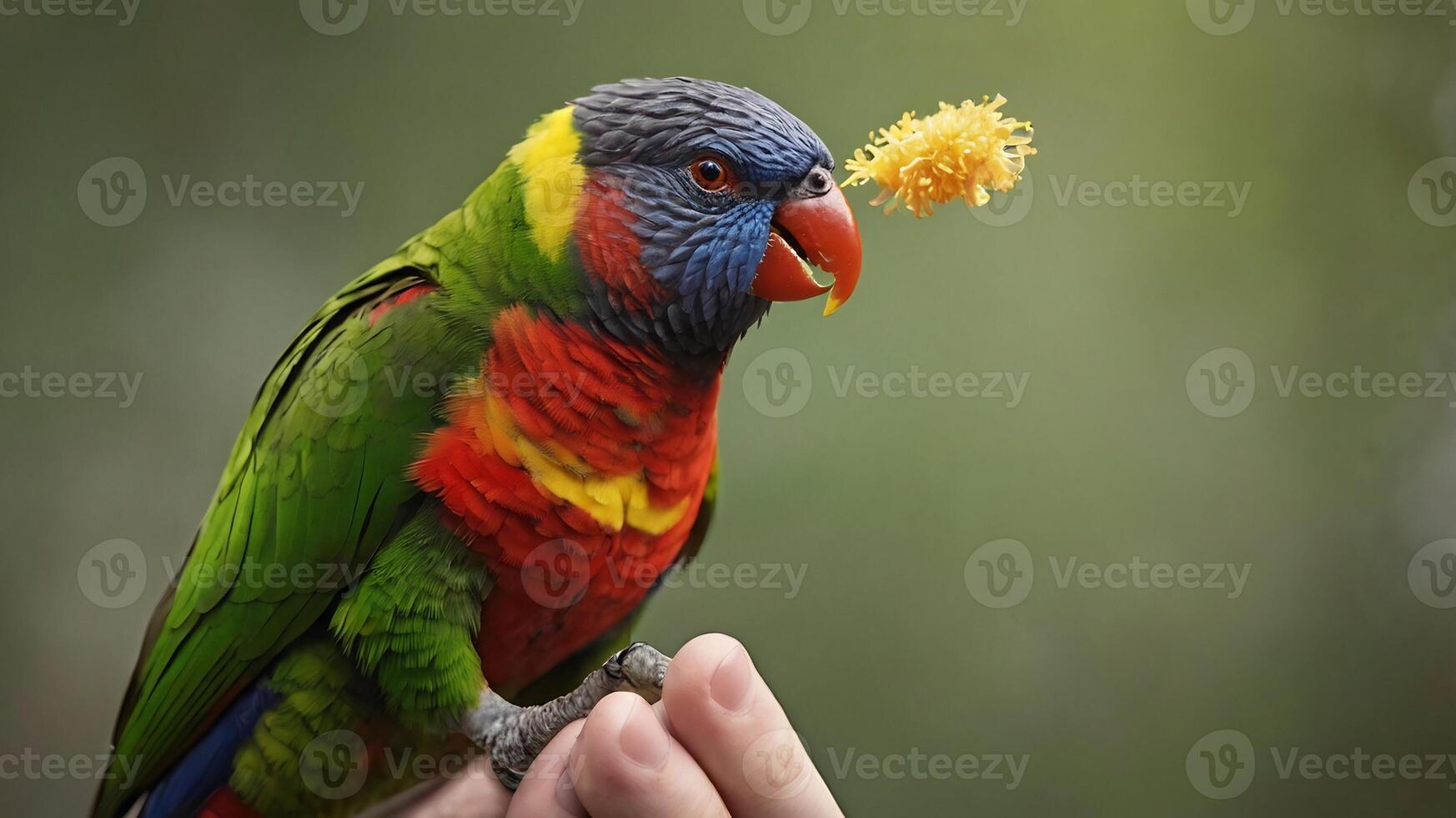 A colorful bird eating a flower photo