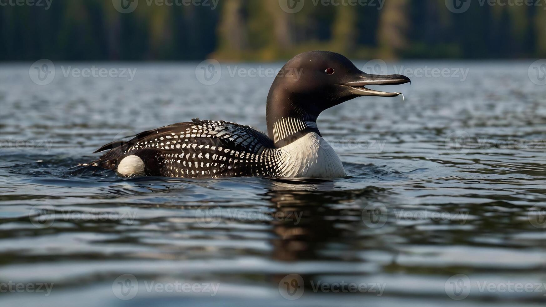 A loon swimming in a lake with trees in the background photo