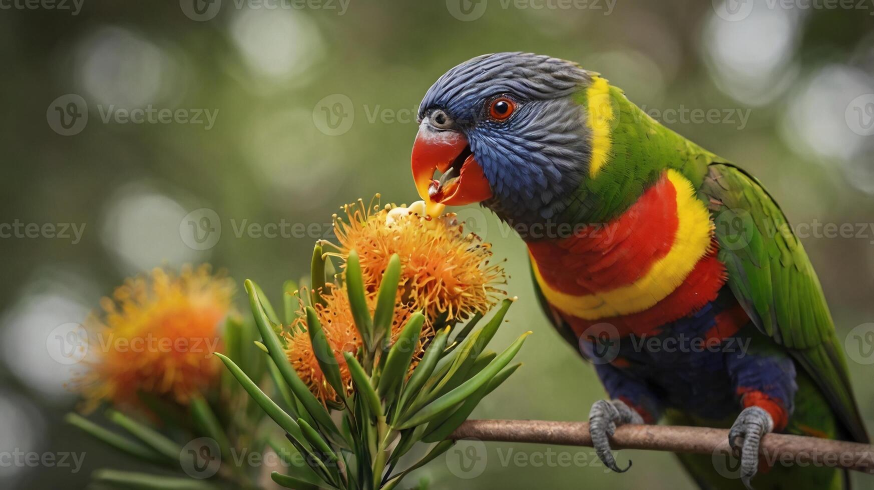 A colorful parrot is sitting on a branch with orange flowers photo