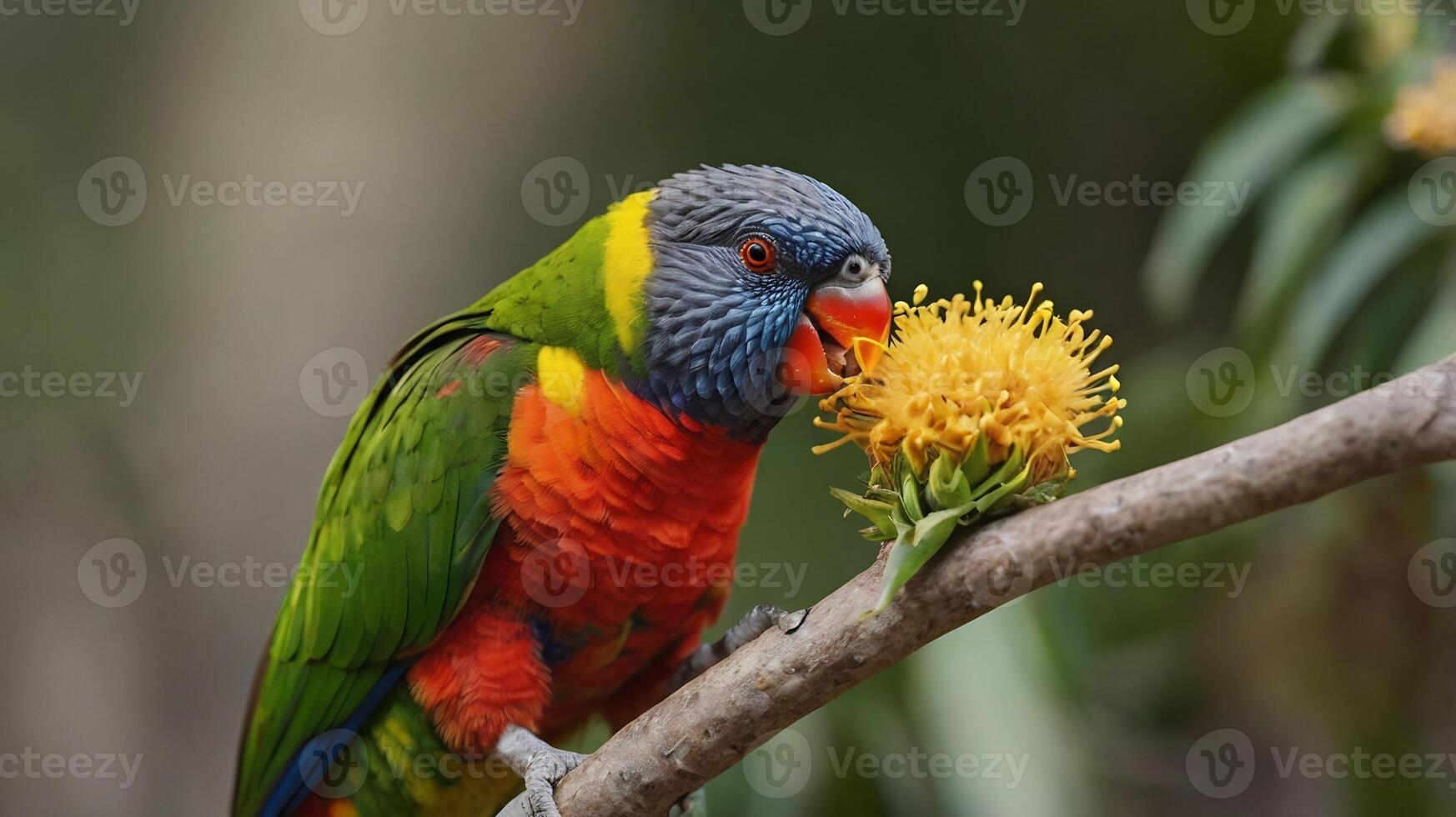 A colorful parrot sits on a branch with yellow flowers photo