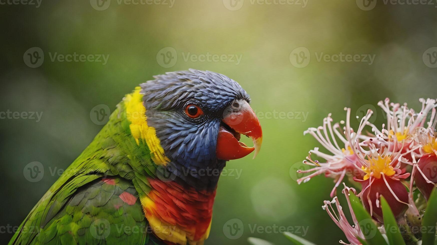 A colorful parrot is sitting on a branch with flowers photo