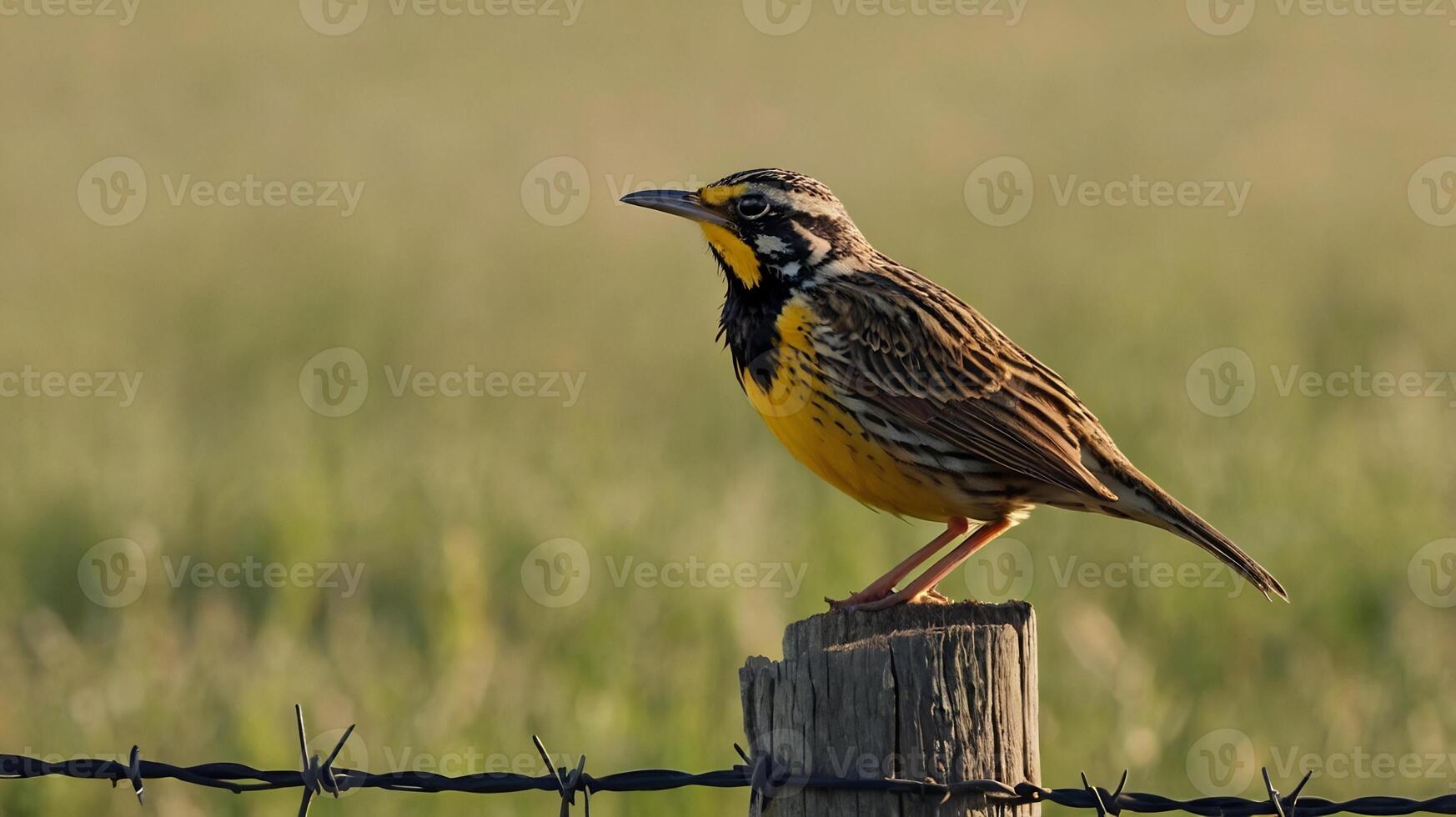 A yellow and black bird is perched on a fence post photo