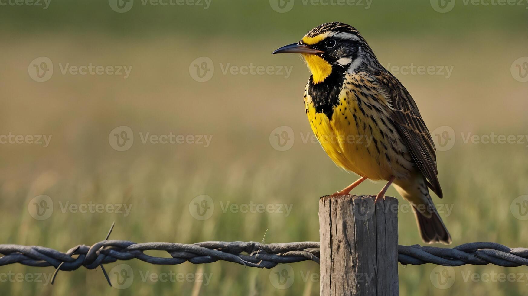 A yellow and black bird is perched on a fence post photo