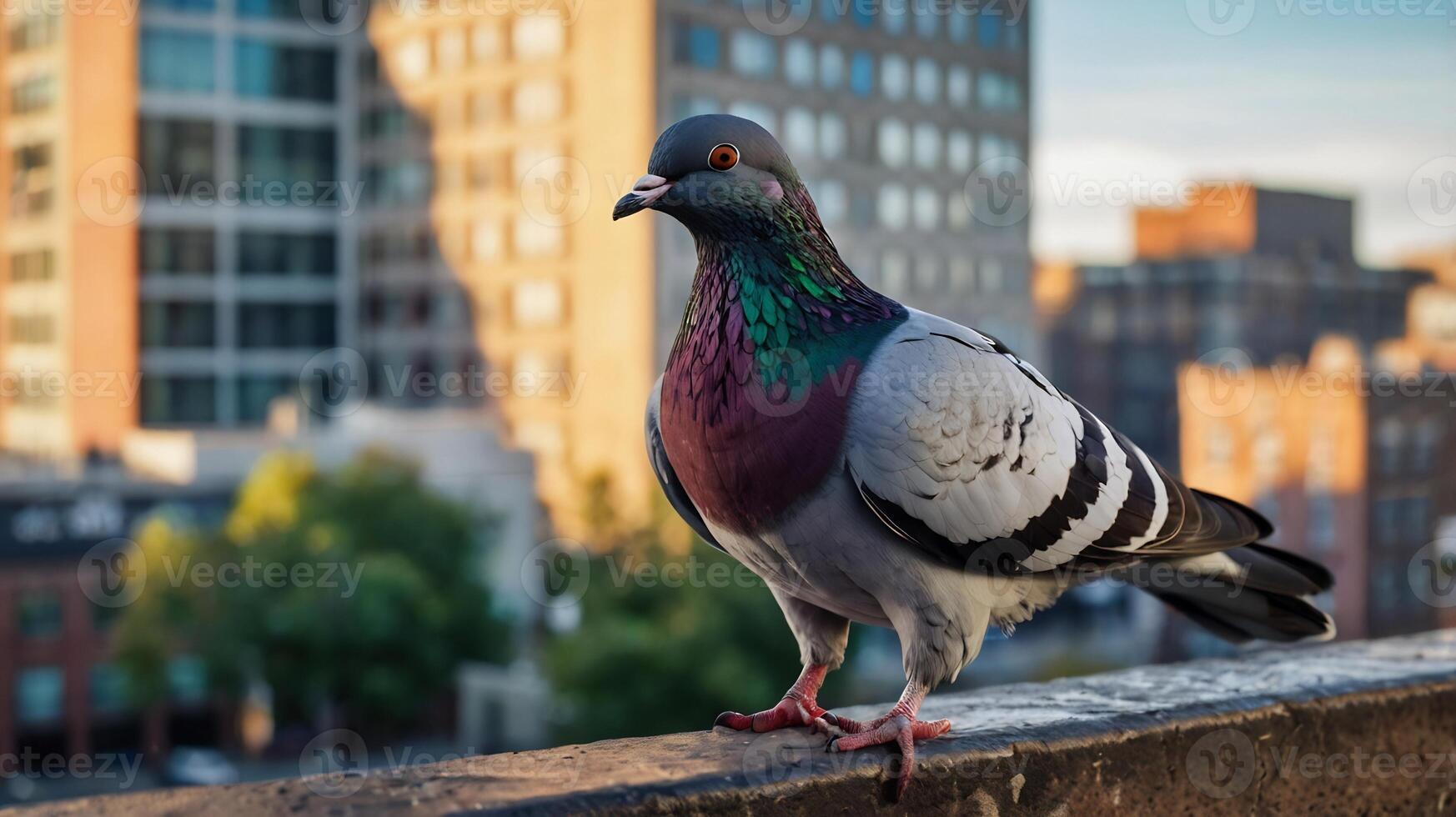 A pigeon is standing on a ledge with buildings in the background photo