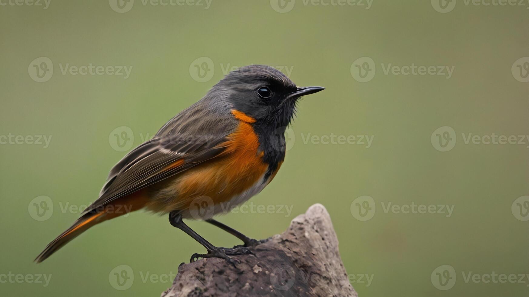 A small bird with orange and black feathers sitting on a log photo