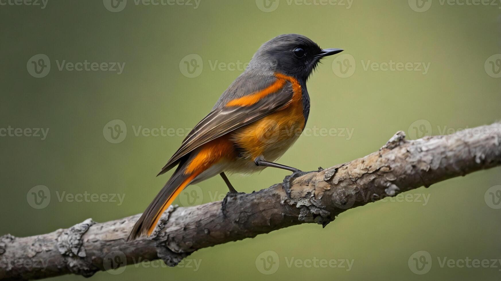 A small orange and black bird is sitting on a branch photo