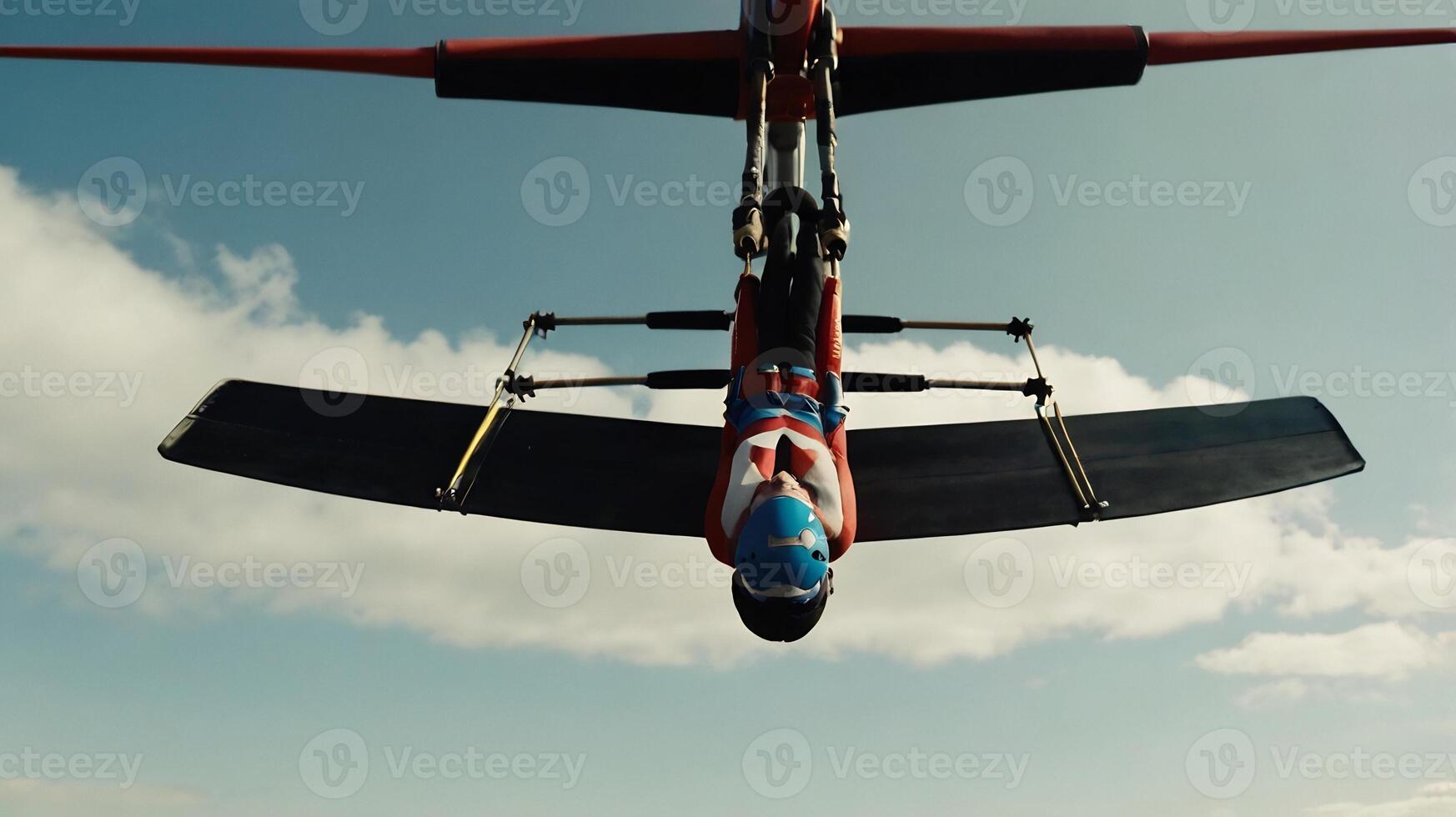 A red and blue airplane flying in the sky photo