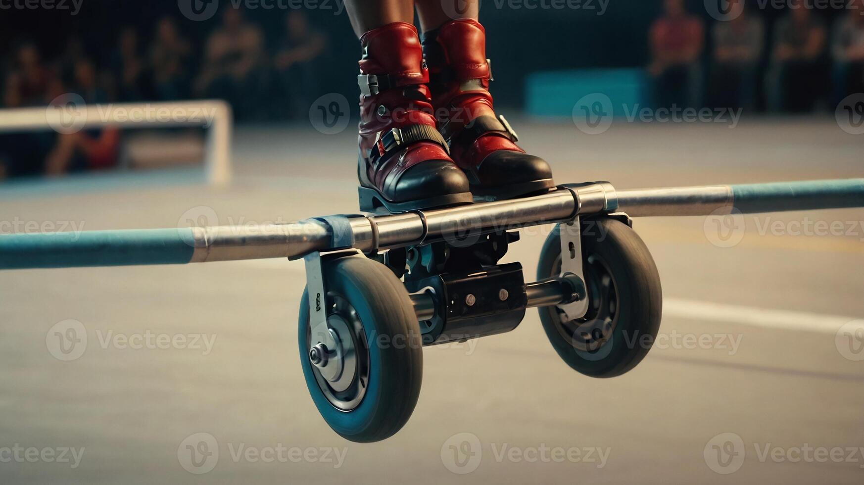 A person is riding on a skateboard with wheels photo