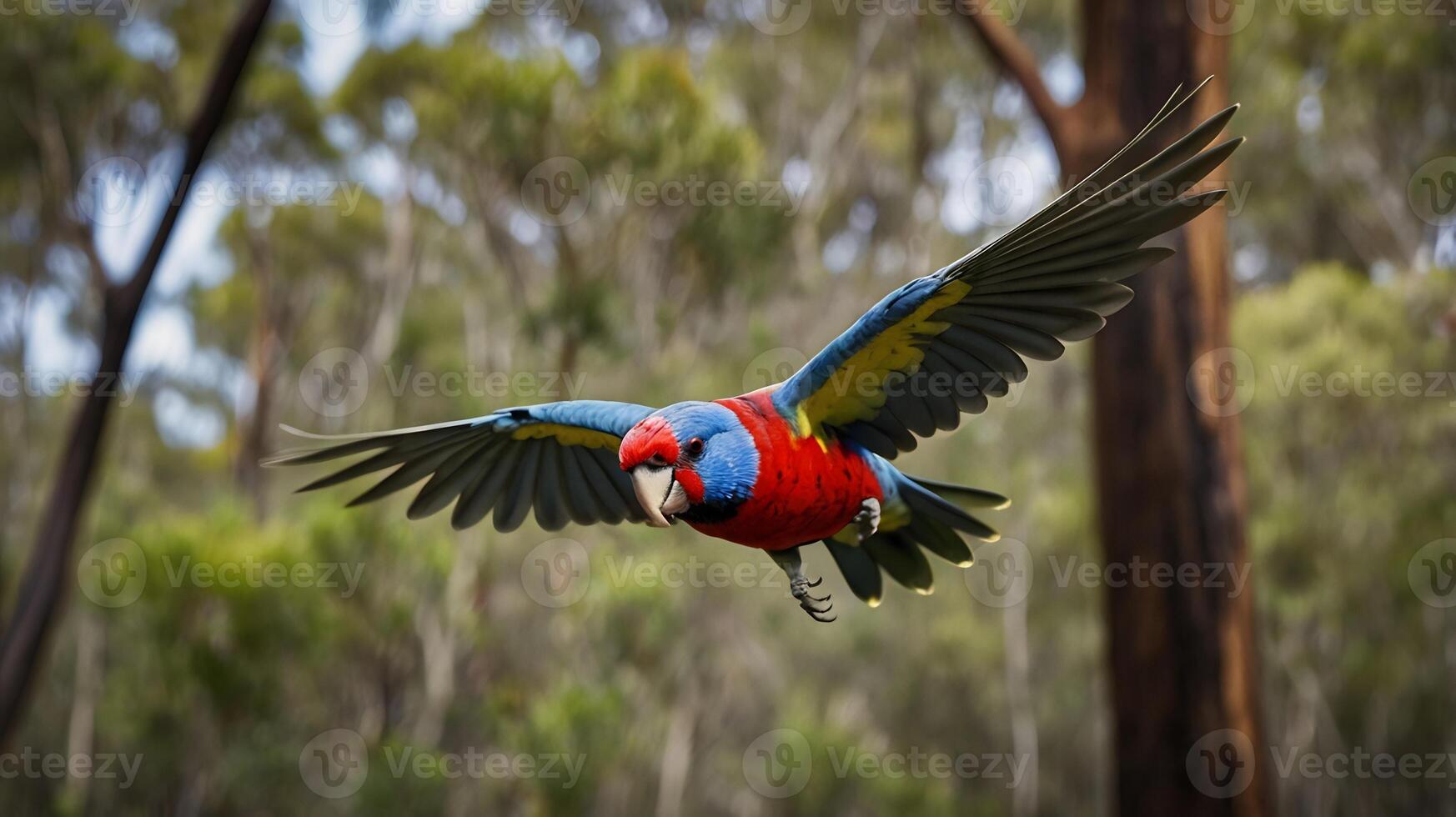A colorful bird flying through the air photo