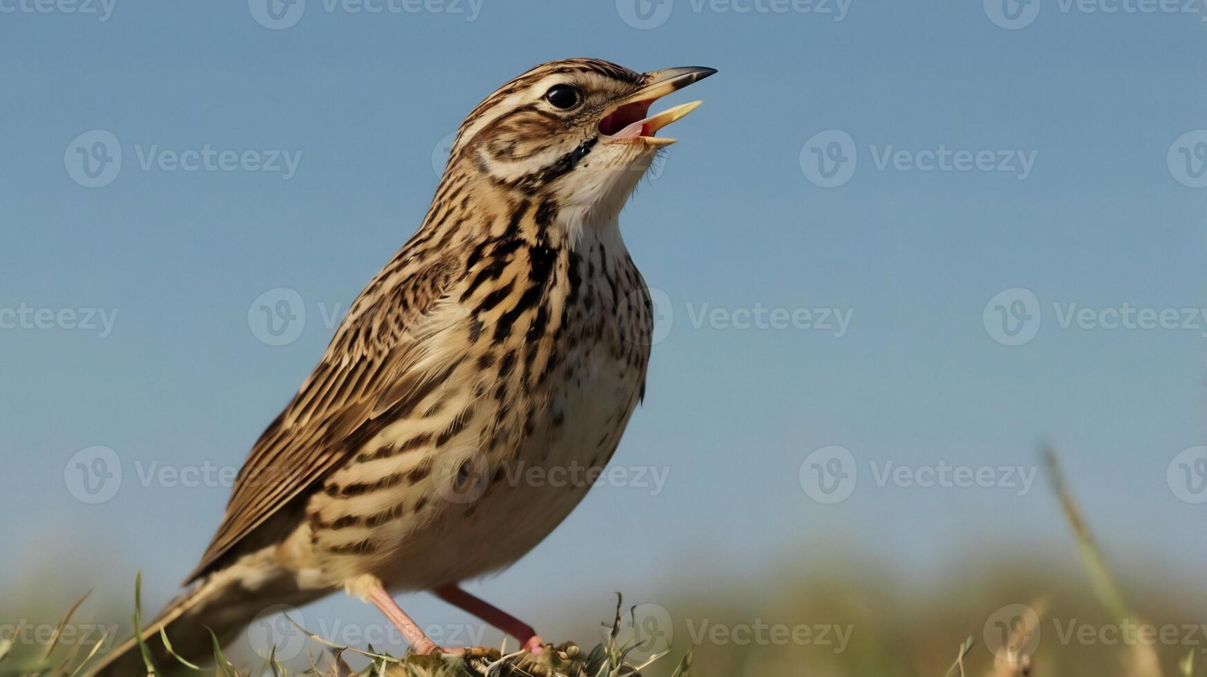 A bird is standing on top of a grassy field photo