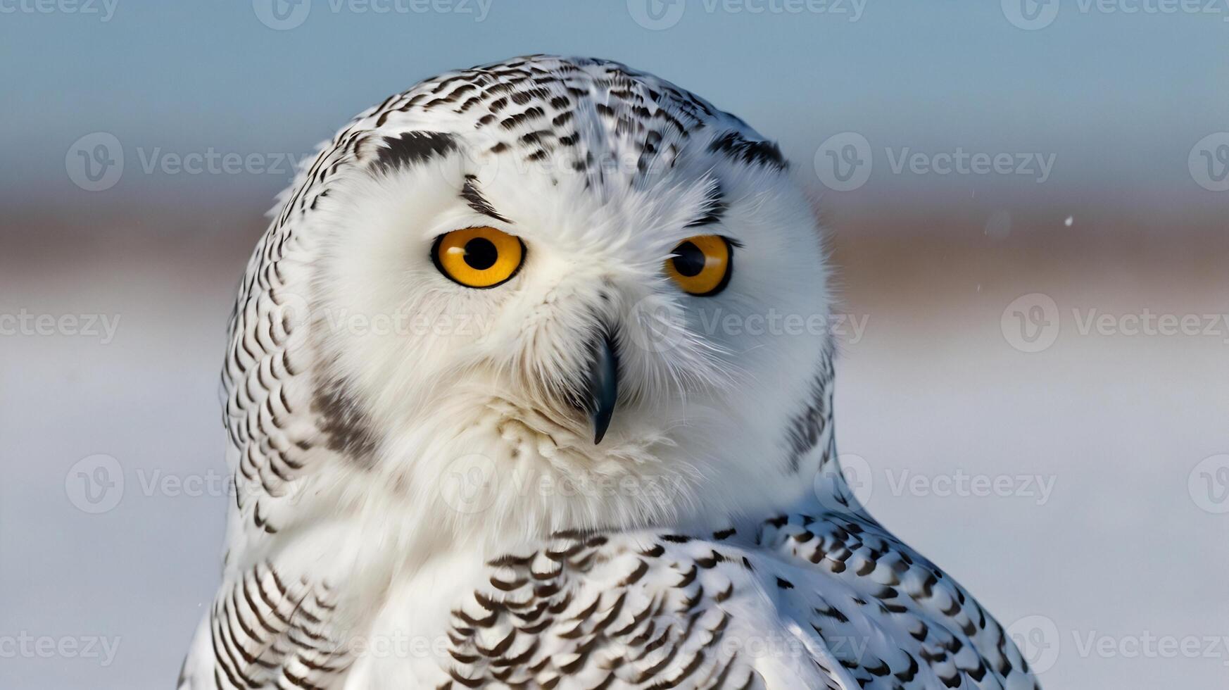 A snowy owl with yellow eyes is looking at the camera photo