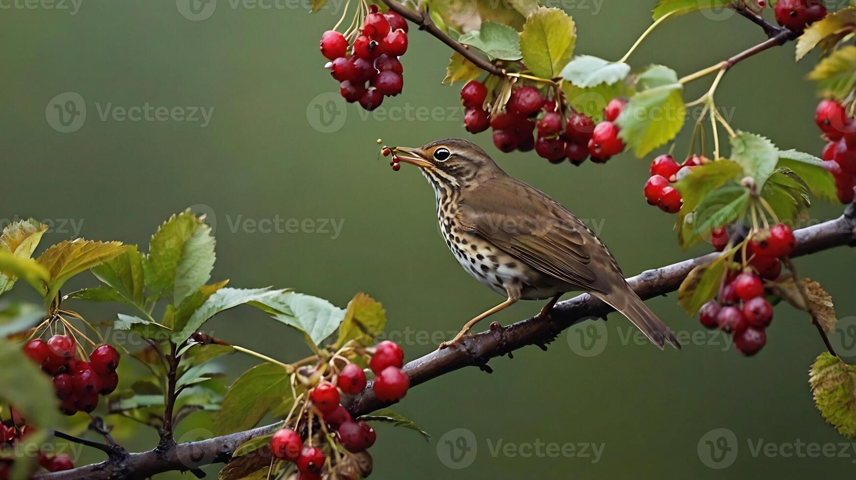 A bird is perched on a branch with berries photo