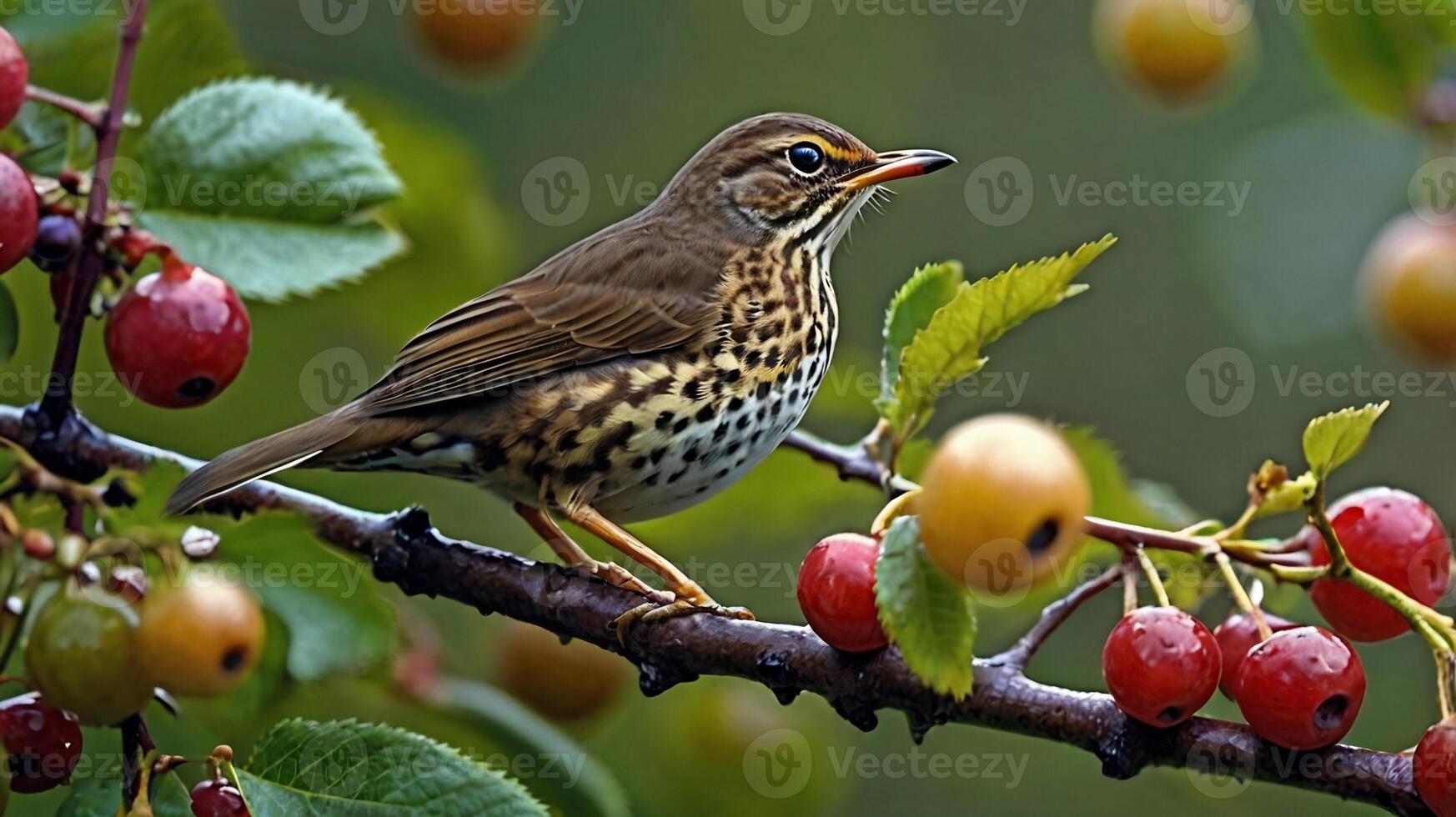 A bird sits on a branch with berries photo