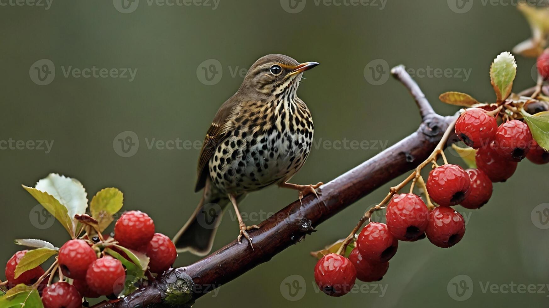 A bird sits on a branch with berries photo