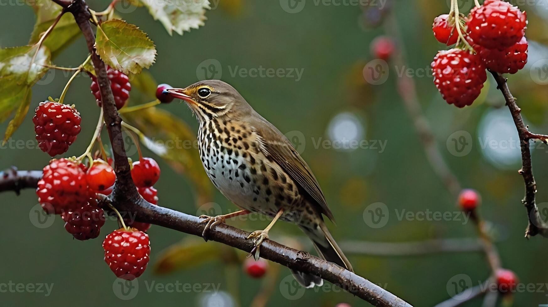 A bird is perched on a branch with berries photo