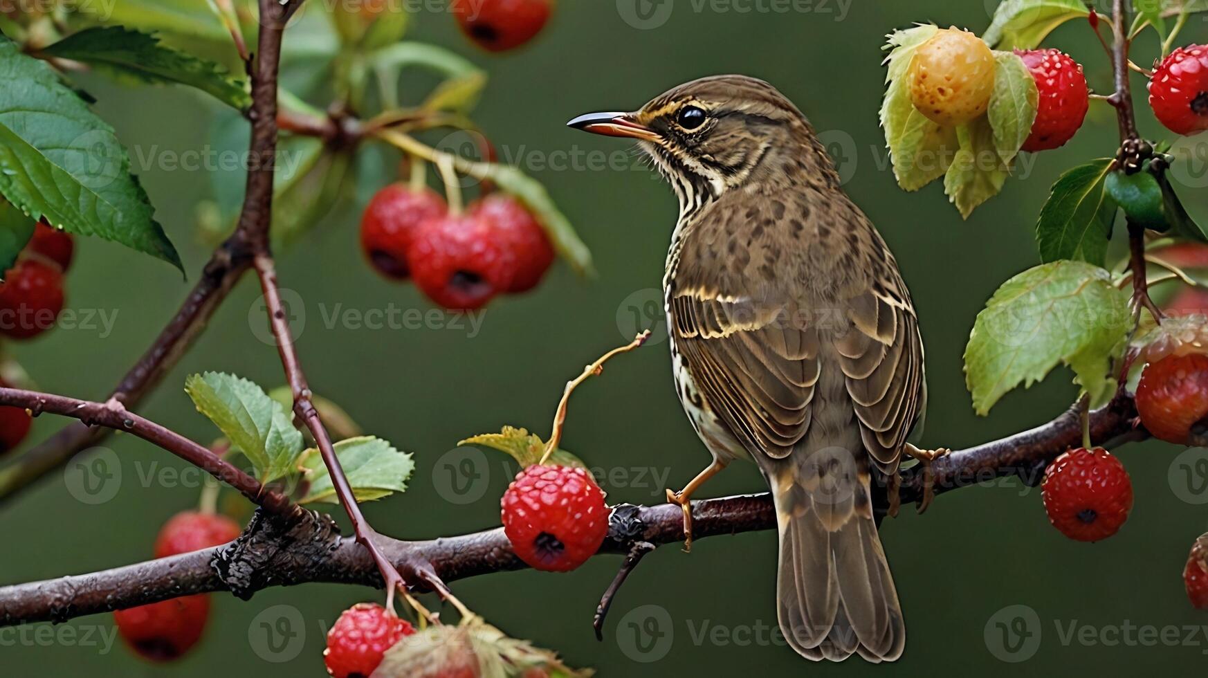 A bird is sitting on a branch with berries photo