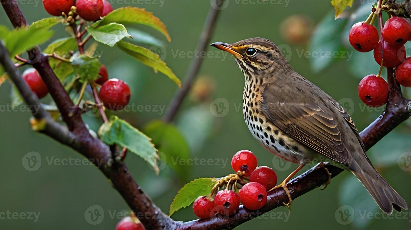 A bird sits on a branch with berries photo