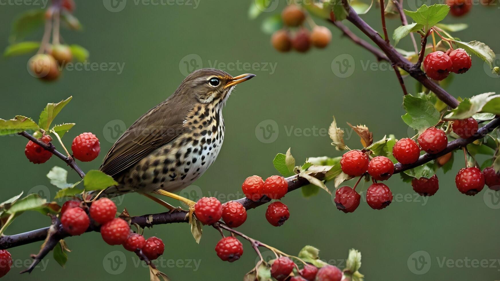 A bird sits on a branch with berries photo