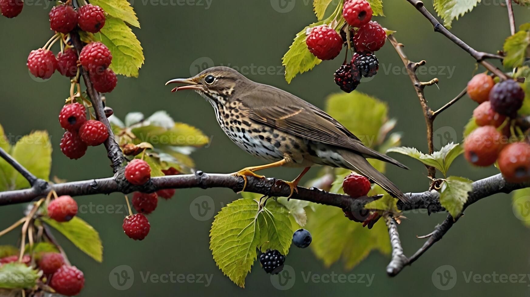 A bird is sitting on a branch with berries photo