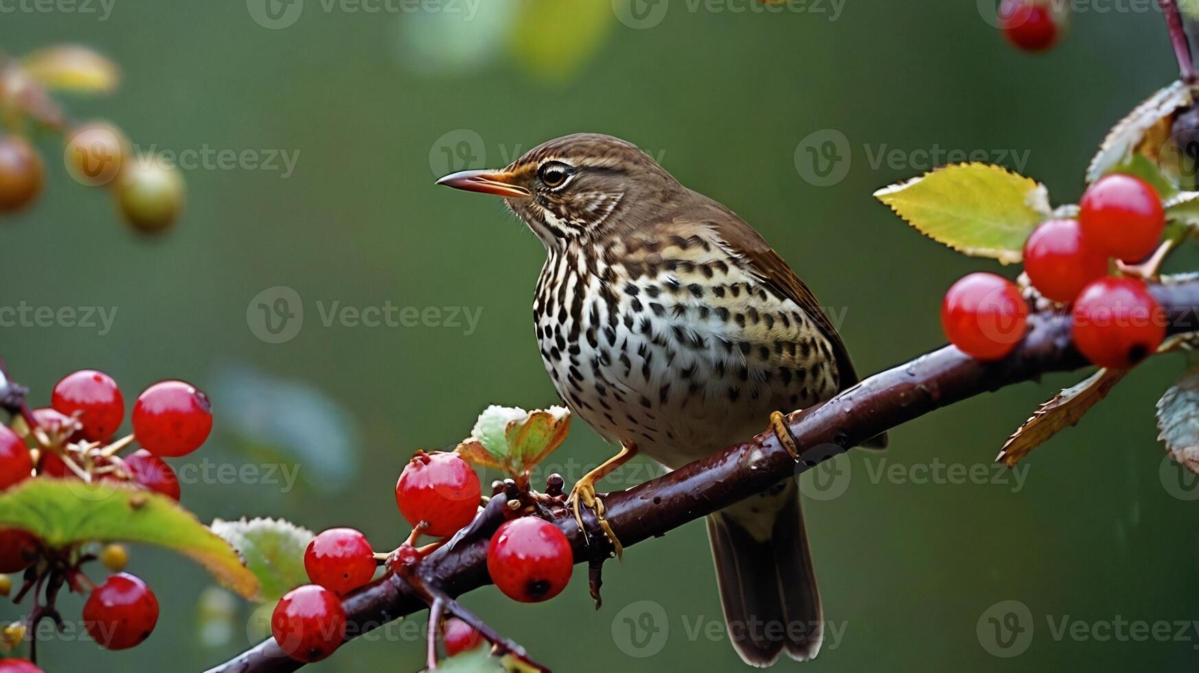 A bird is sitting on a branch with berries photo