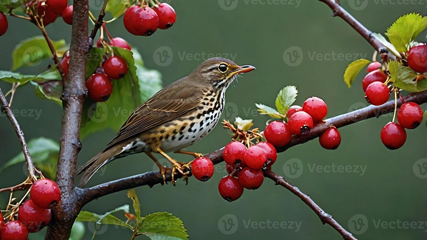 A bird sits on a branch with berries photo