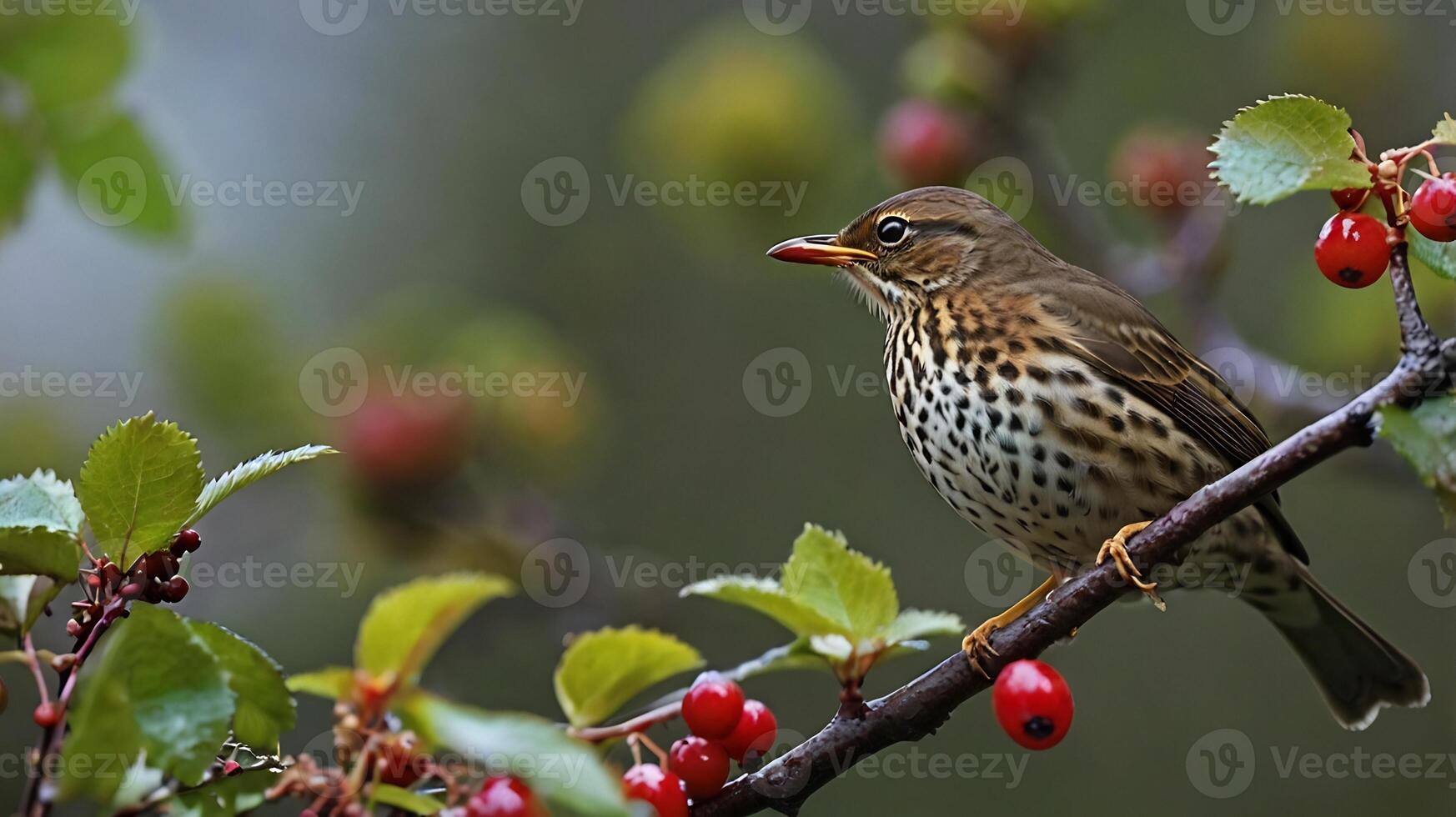 A bird sits on a branch with berries photo