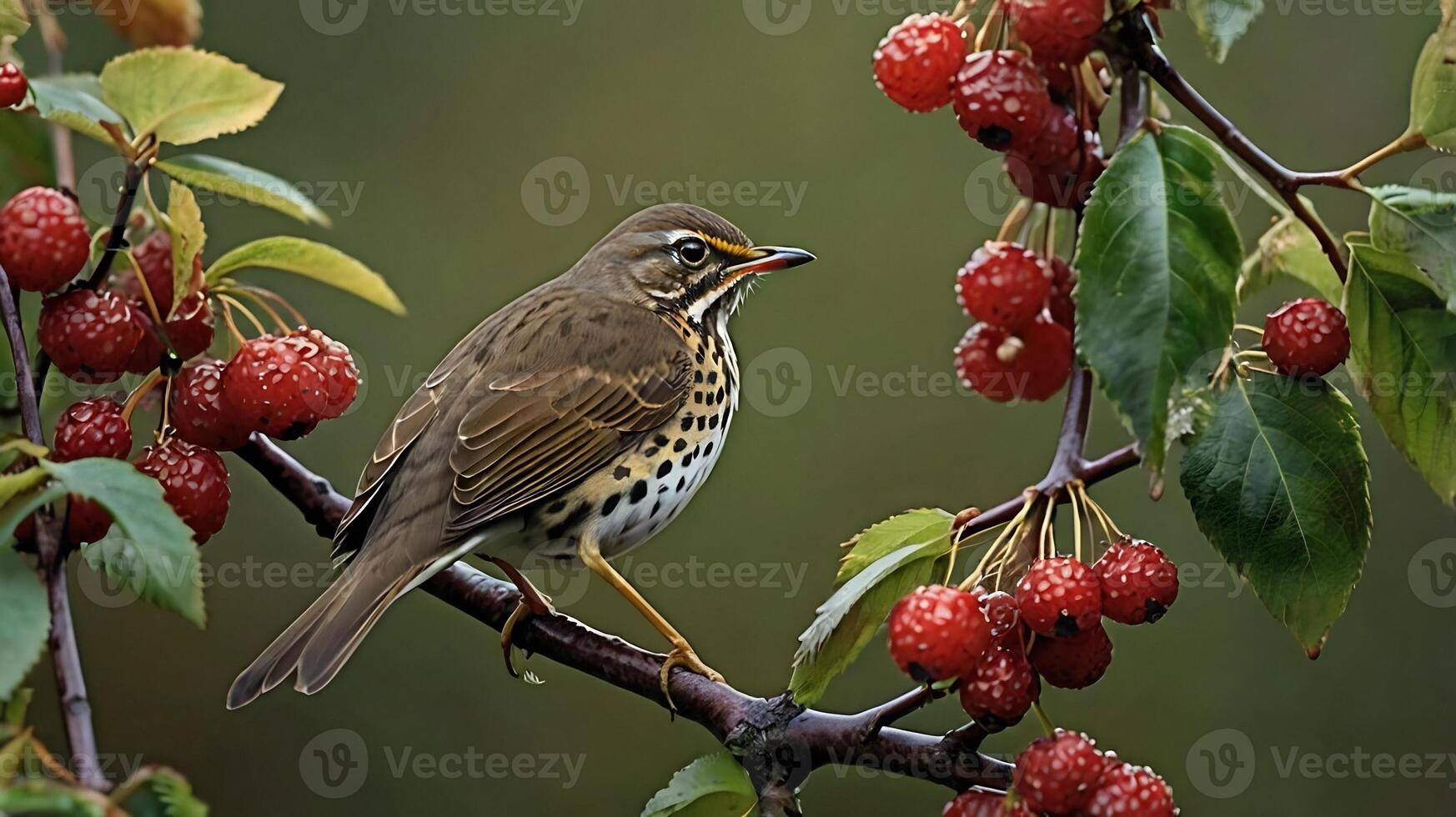 A bird sits on a branch with berries photo