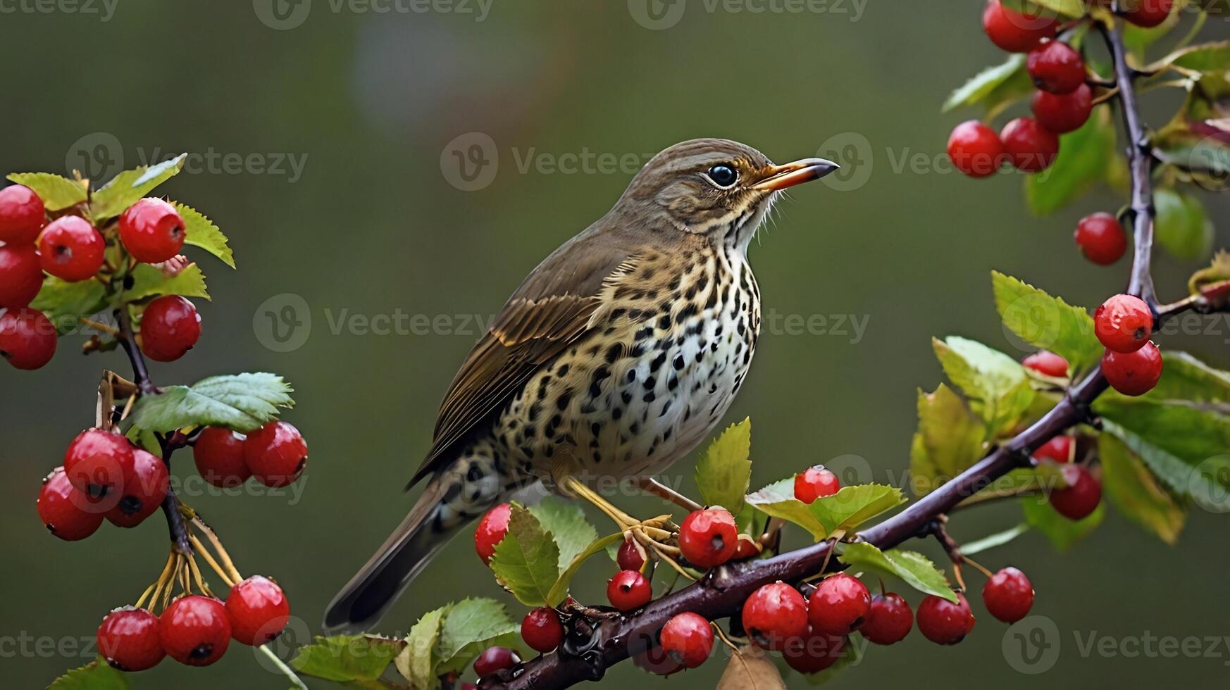 A bird sits on a branch with berries photo