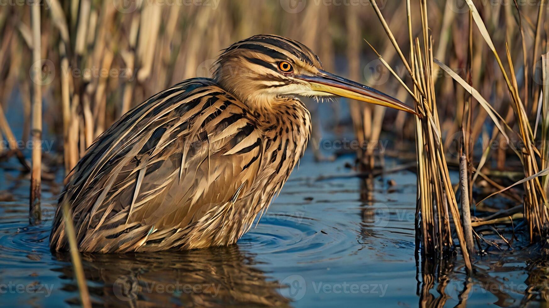 A bird is standing in the water with tall grass photo