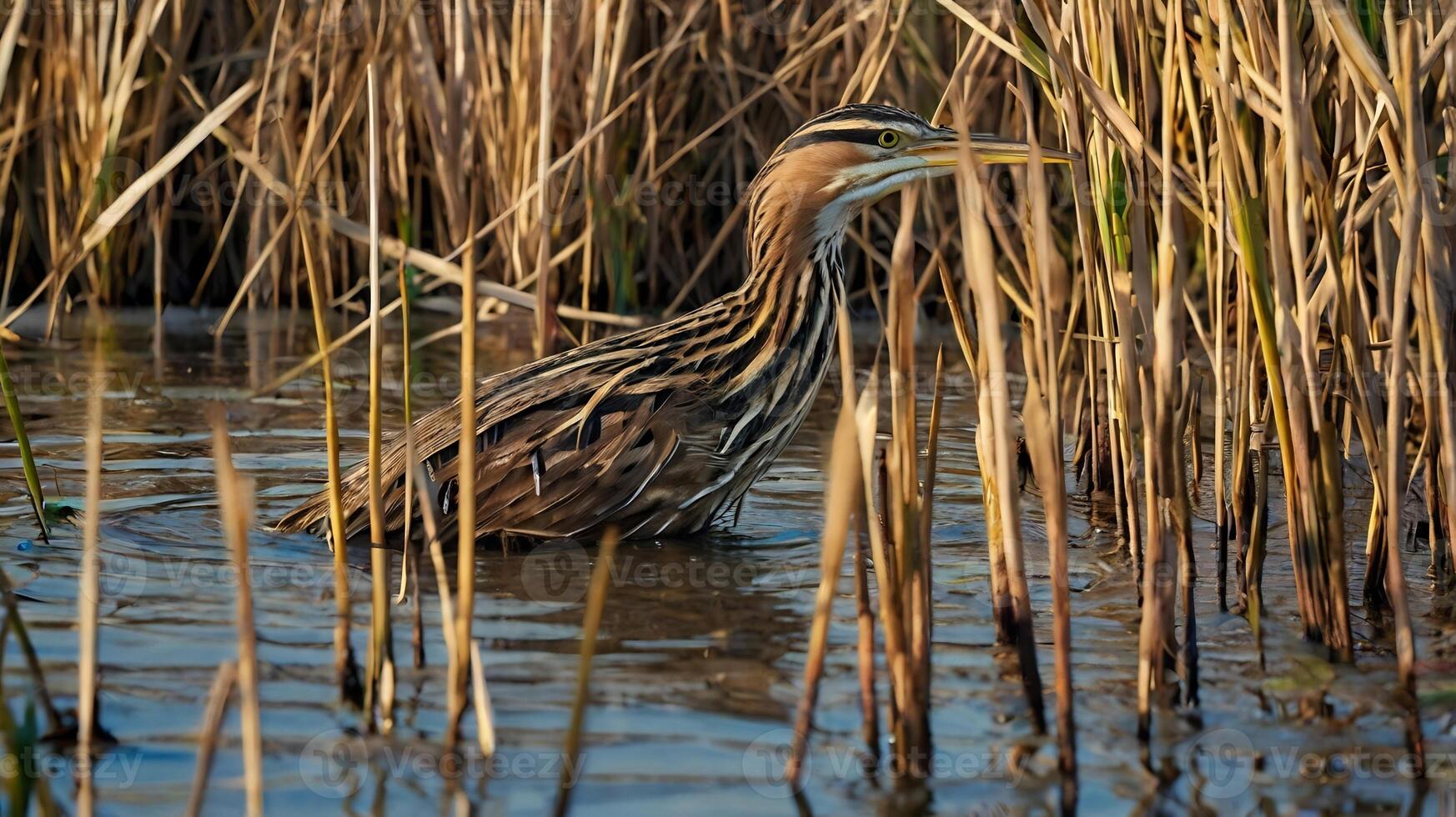 A bird is standing in the water near tall grass photo