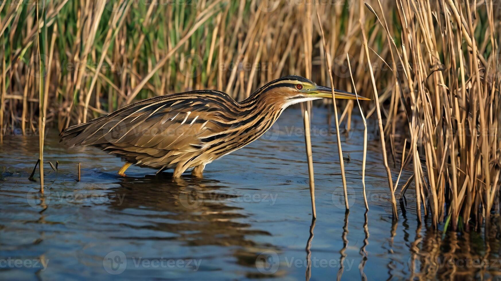 A bird is standing in the water near some reeds photo