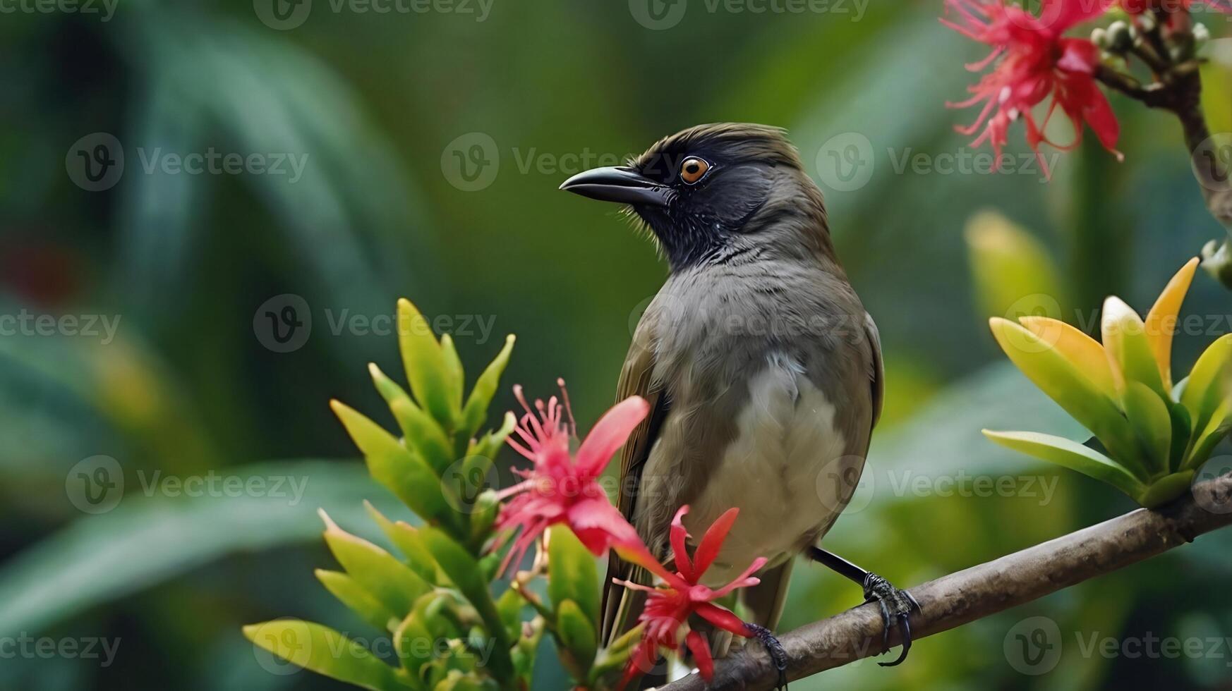 A bird is sitting on a branch with flowers photo
