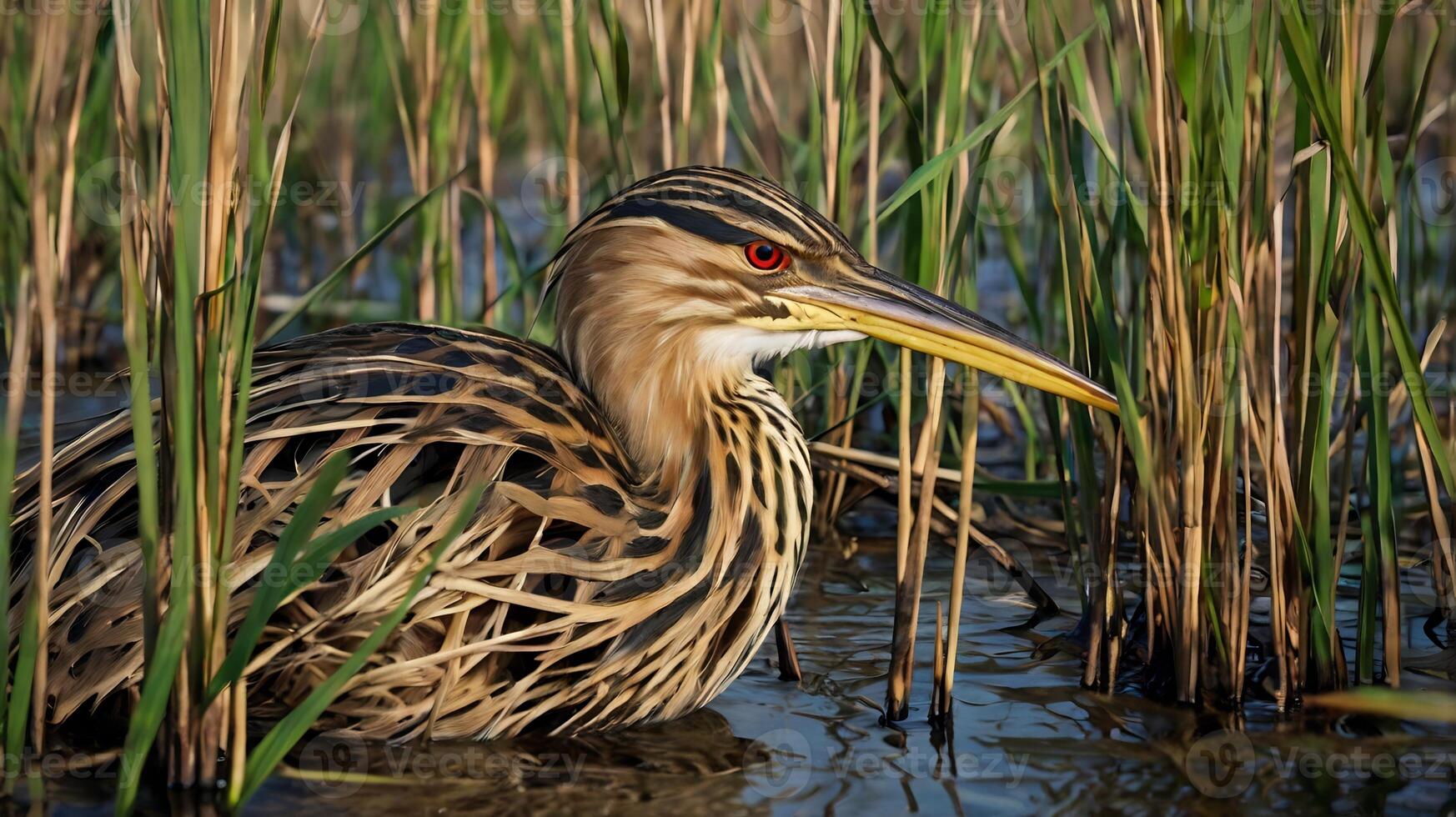 A bird is sitting in the water with long grass photo