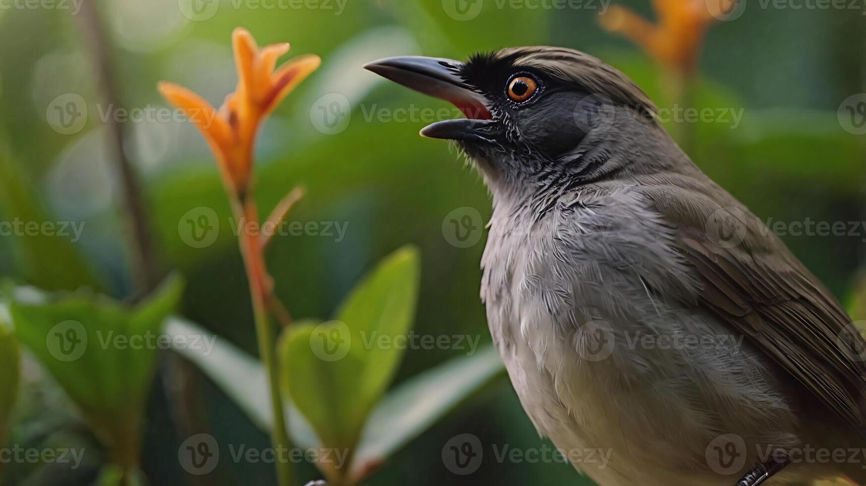 A bird is standing on a branch with flowers in the background photo