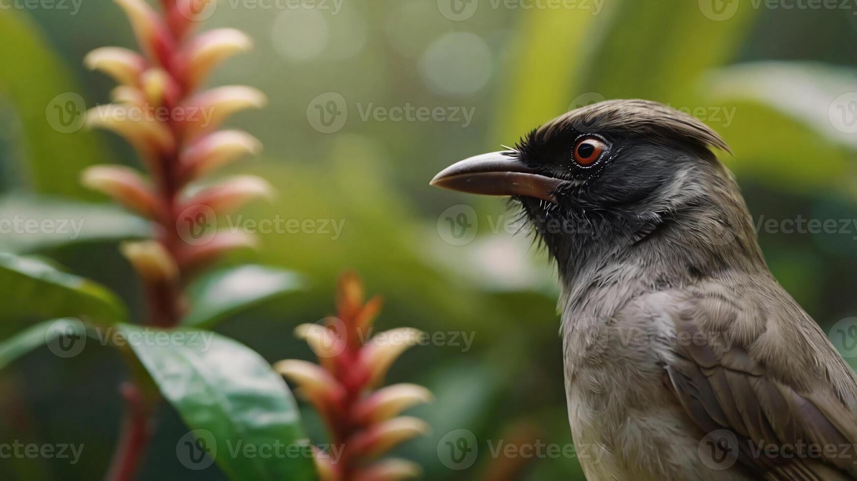 A bird is standing in front of some flowers photo