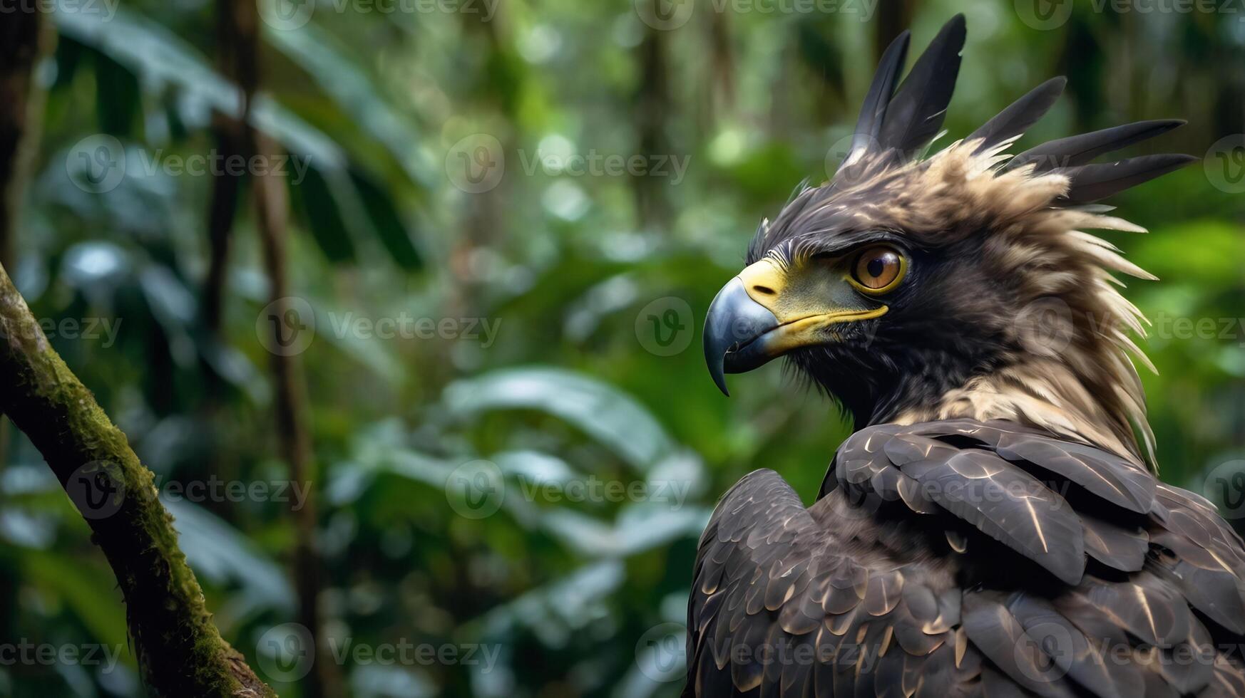 An eagle with a long beak and yellow eyes photo