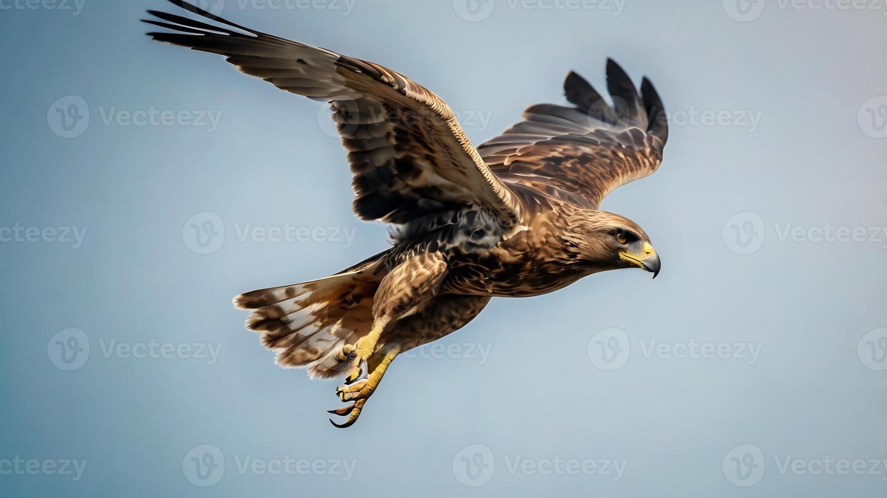 A hawk flying through the air with its wings spread photo